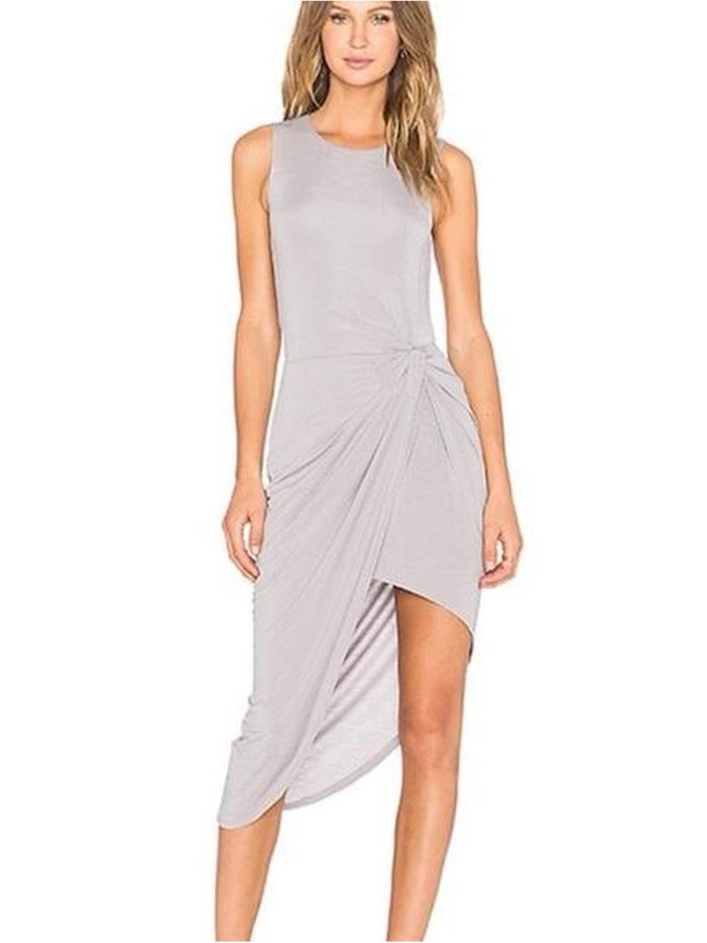 Lovers + Friends Sleeveless Asymmetric Knot-Front Midi Dress - Light Gray